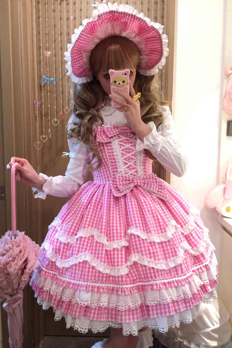 Pink Plaid Print Ruffle Bowknot Lace-Up Sweet Lolita Dress - Product - 4