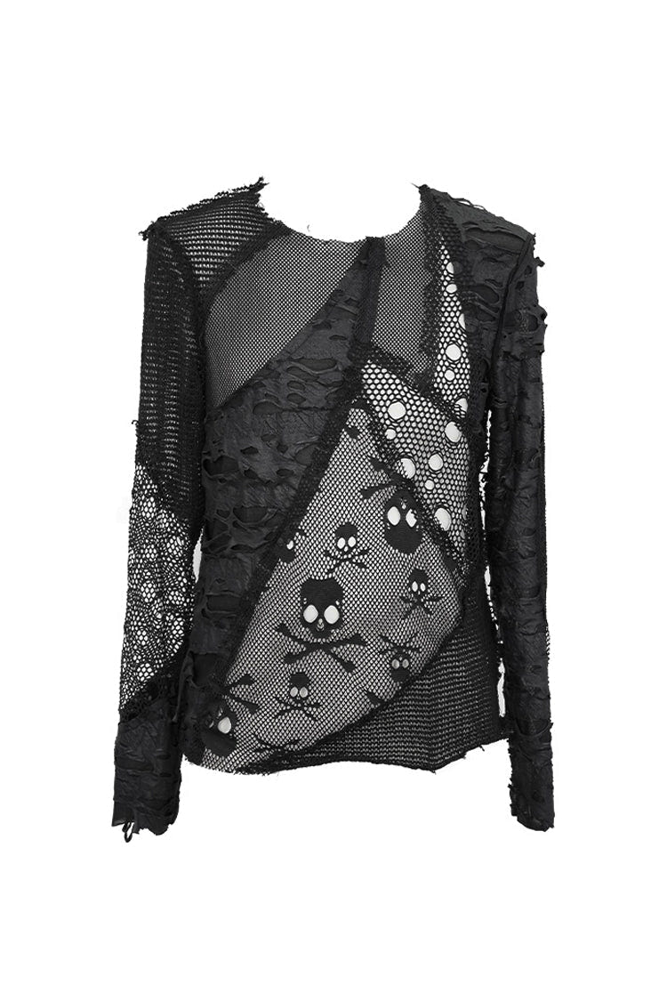Black A Variety Of Mesh Materials Stitching Unedged Broken Holes Round Collar Men's Punk T-Shirt - Product - 5