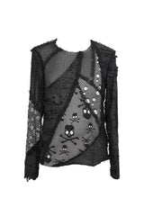 Black A Variety Of Mesh Materials Stitching Unedged Broken Holes Round Collar Men's Punk T-Shirt - Product - 5