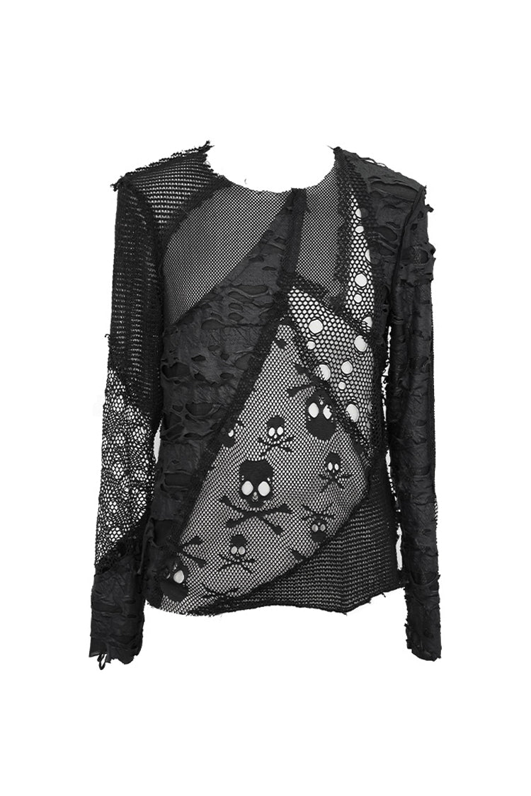Black A Variety Of Mesh Materials Stitching Unedged Broken Holes Round Collar Men's Punk T-Shirt - Product - 5
