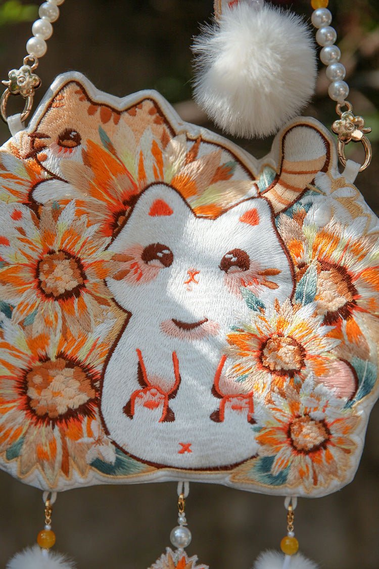Multi-Color Sunflower Cat Embroidery Pearl Chain Sweet Lolita Crossbody Bag - Product - 3