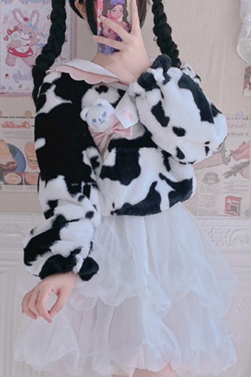 White/Black Round Collar Plush Cow Series Sweet Lolita Coat - White/Black - 1