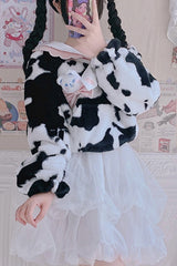 White/Black Round Collar Plush Cow Series Sweet Lolita Coat - White/Black - 1