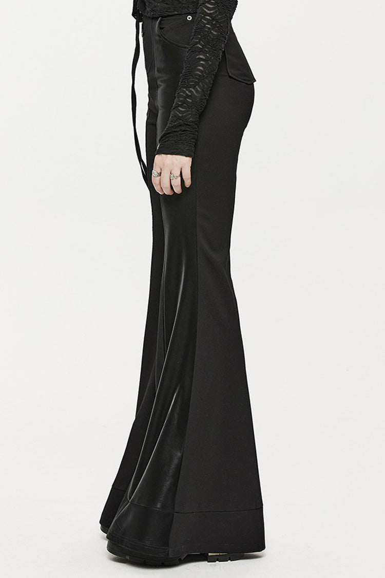 Black Stretch-Knit Paneled Faux Leather Waistband Ghost Button Flared Women's Punk Pants - Product - 3