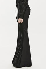 Black Stretch-Knit Paneled Faux Leather Waistband Ghost Button Flared Women's Punk Pants - Product - 3
