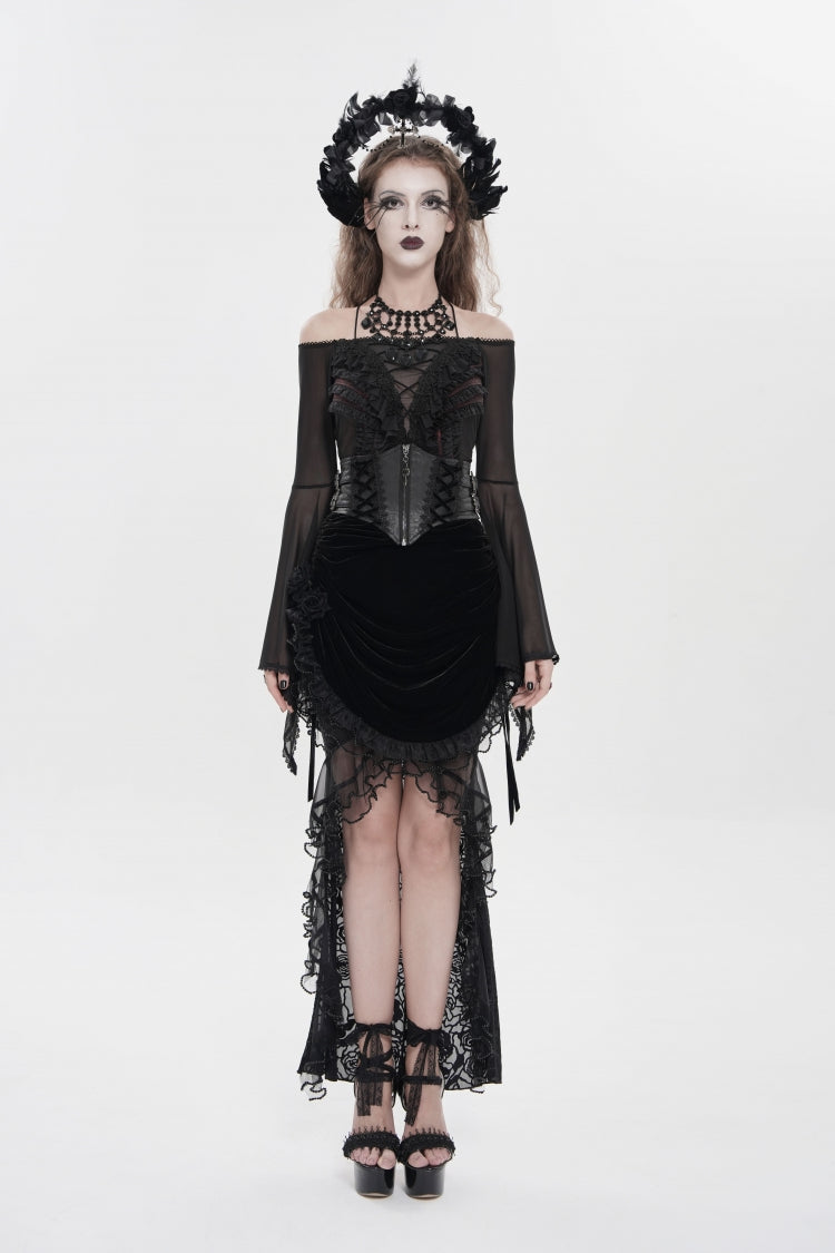 Black Embroidered Rose Lace-up Irregular Women's Gothic Hem Skirt - Product - 2