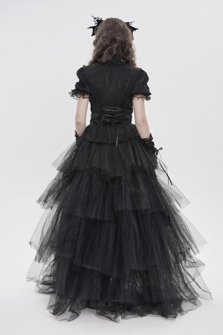Black Stand Collar Short Sleeves Embroidered Lace Lace-Up Slim Pleated Women's Gothic Palace Blouse - Product - 10