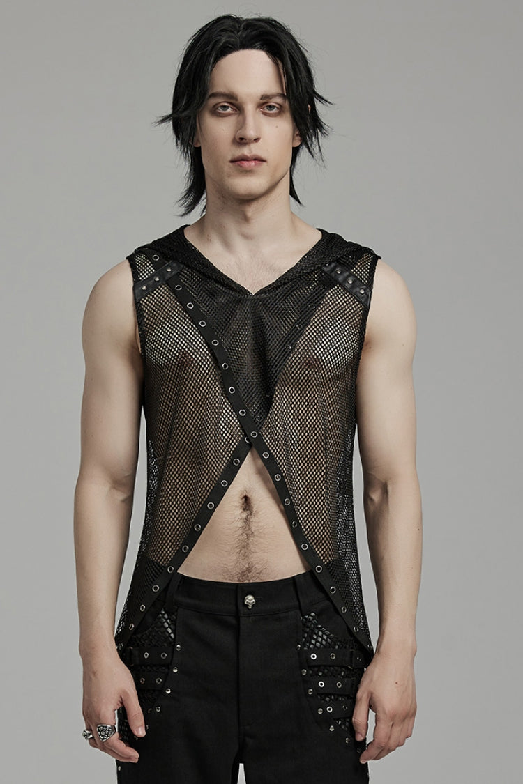Black Sleeveless Irregular Hooded Mesh Eyelet Men's Punk Vest - Black - 1