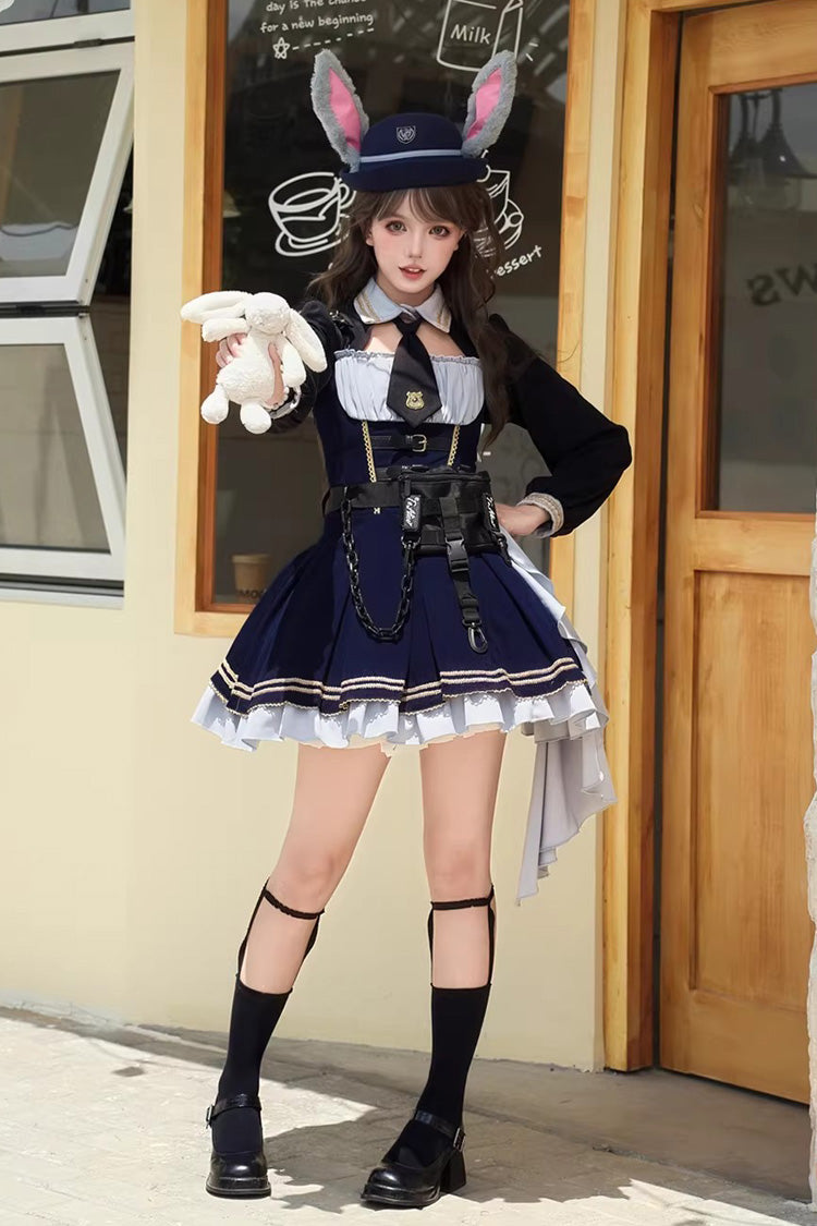 Blue [Rabbit Police Officer] Ruffled Bow Asymmetric College Style Handsome Lolita Jsk Dress - Product - 4