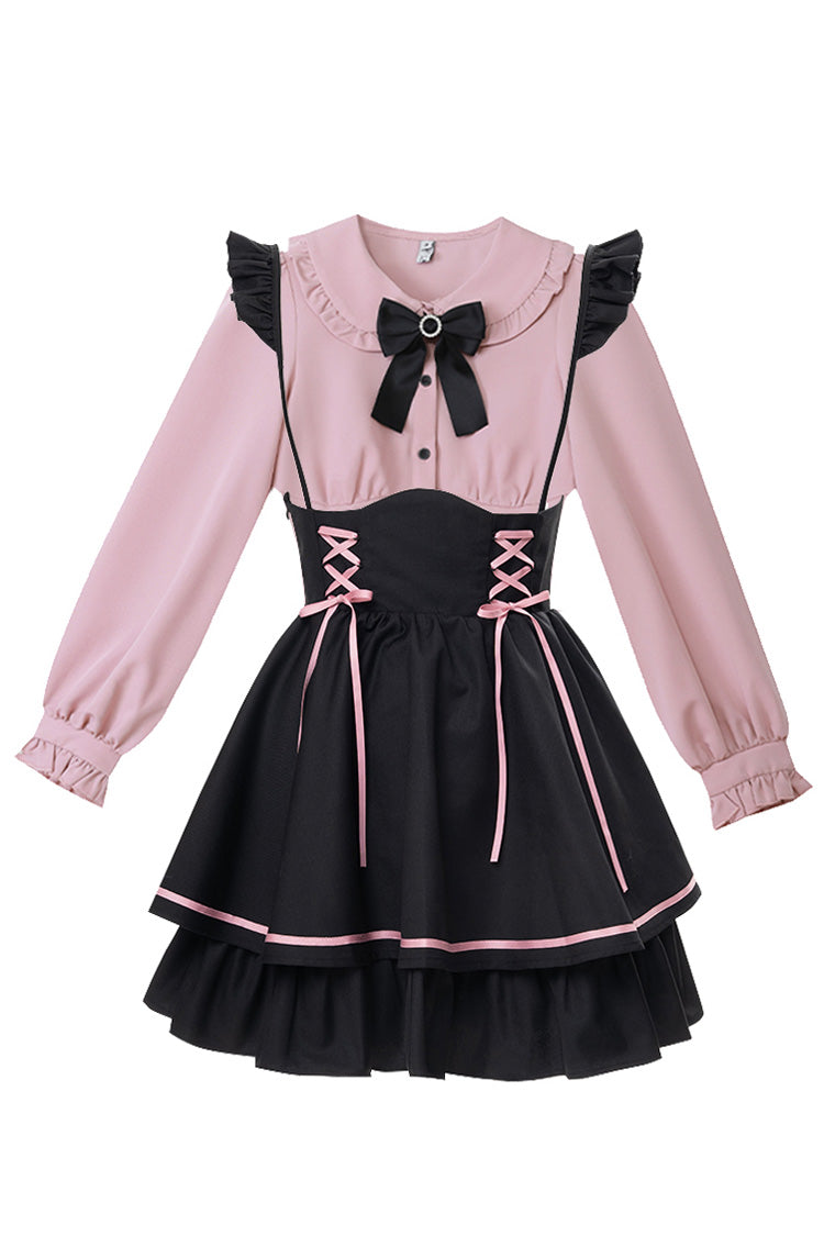 Black/Pink First Sakura Long Sleeves Multi-layer Lace-Up Sweet Jirai Kei Japanese Set - Product - 2