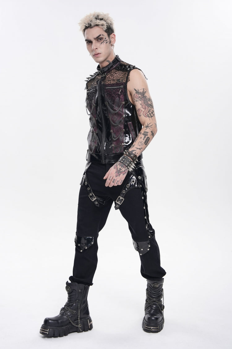 Black Stand Collar Sleeveless Spliced Mesh Studded Zippered Chain-Decorated Eyelet Men's Punk Vest - Product - 8