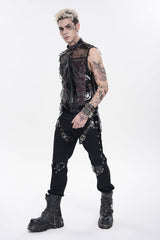 Black Stand Collar Sleeveless Spliced Mesh Studded Zippered Chain-Decorated Eyelet Men's Punk Vest - Product - 8