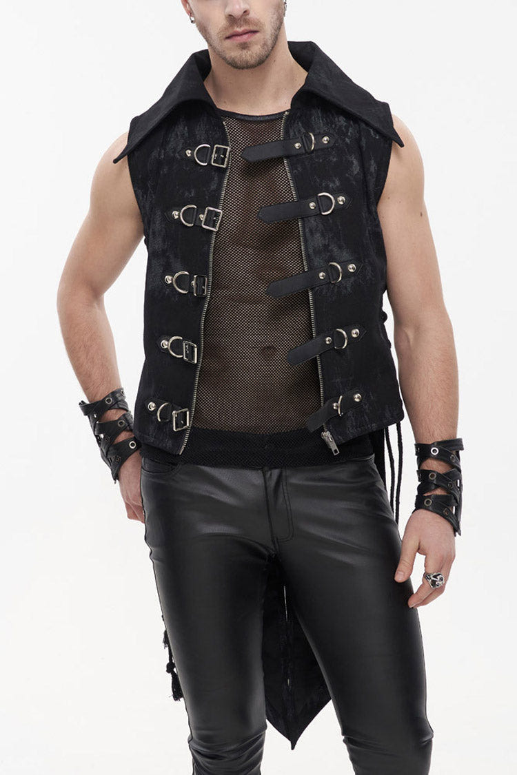 Black Punk Irregular Print D-Shaped Buckle Decoration Waist Side Slits Tied Rope Tight Zipper Men's Dovetail Vest - Product - 1