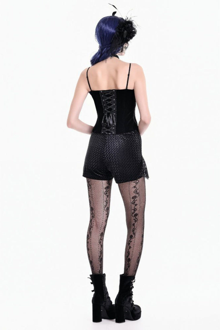 Black Women's Gothic Floral Embossed Velvet Shorts with Sheer Lace Trim - Product - 4