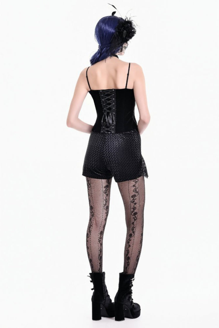 Black Women's Gothic Floral Embossed Velvet Shorts with Sheer Lace Trim - Product - 4