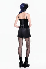 Black Women's Gothic Floral Embossed Velvet Shorts with Sheer Lace Trim - Product - 4