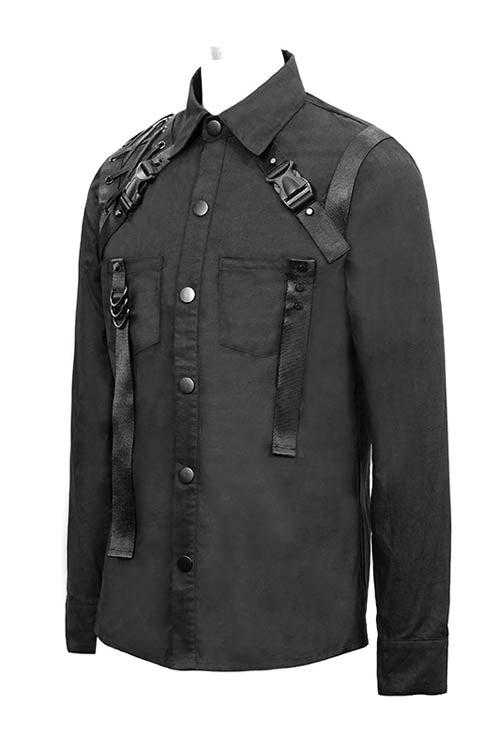 Black Straps Long Sleeves Mens Punk Blouse - Product - 5