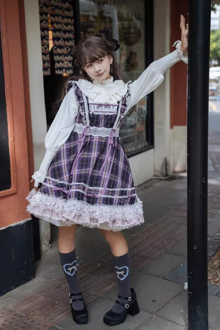 Black/Purple [Endless Summer] High Waisted Printed Ruffled Bow Lace Sweet Princess Lolita Jsk Dress 2 Versions - Product - 7