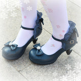 Bowknot Strappy Ruffle PU Sweet Lolita Shoes 5 Colors - Dark Blue - 4