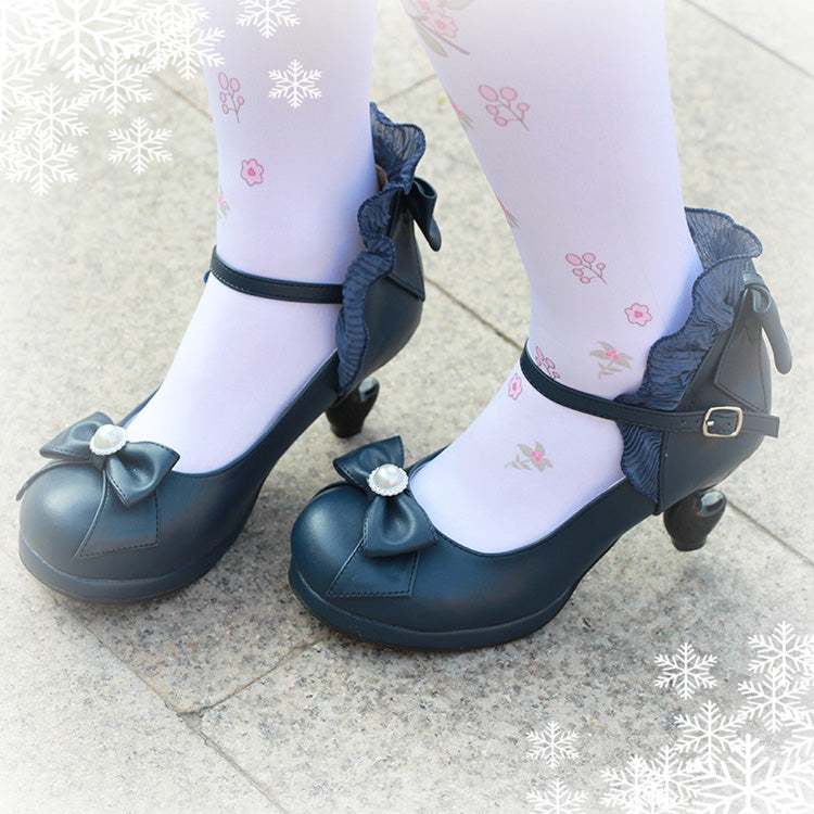 Bowknot Strappy Ruffle PU Sweet Lolita Shoes 5 Colors - Dark Blue - 4