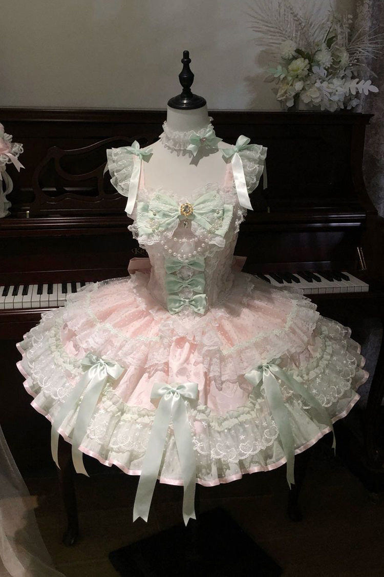 Pink [Candy Satin Ballet] Square Collar Sleeveless Multi-Layered Ruffled Bow Lace Pearl Detail Sweet Lolita Jsk Dress - Product - 3