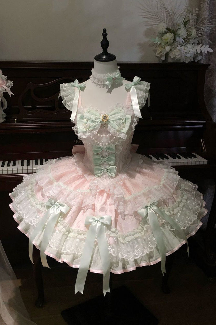 Pink [Candy Satin Ballet] Square Collar Sleeveless Multi-Layered Ruffled Bow Lace Pearl Detail Sweet Lolita Jsk Dress - Product - 3