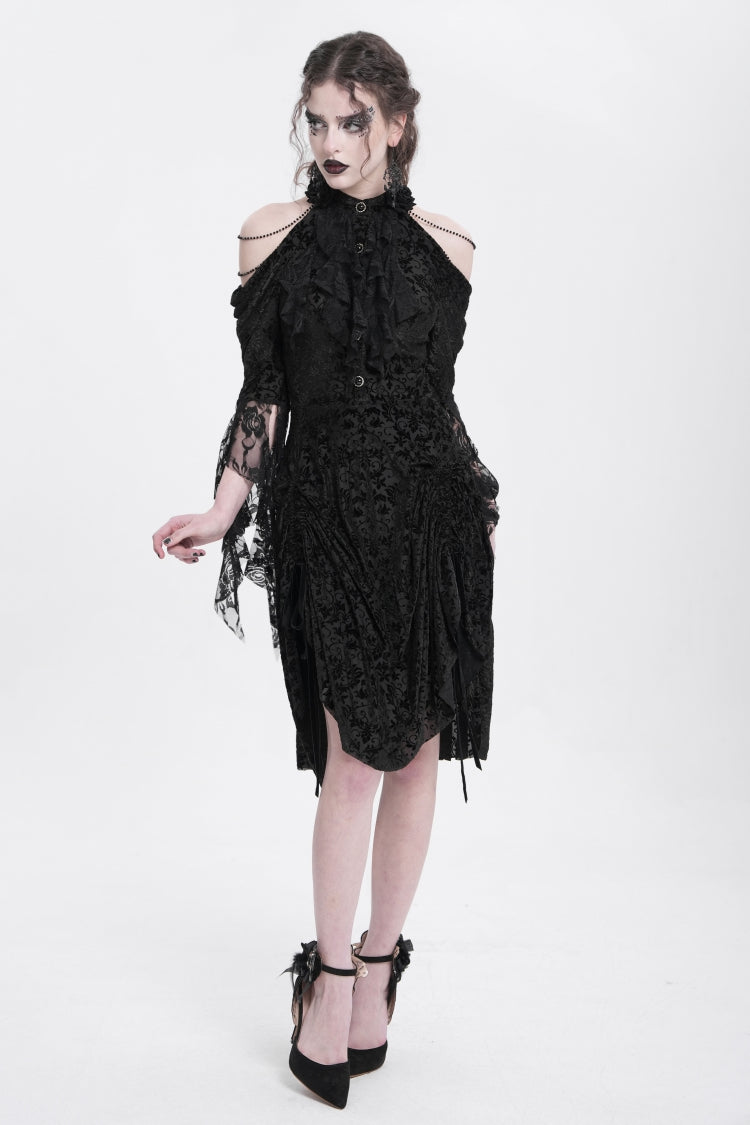 Black Off Shoulder Drawstring Jacquard Embroidery Women's Gothic Party Dress - Product - 6