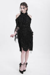 Black Off Shoulder Drawstring Jacquard Embroidery Women's Gothic Party Dress - Product - 6