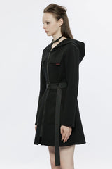 Black Long Sleeves Buckle Belt Hooded Women's Punk Dress - Product - 2