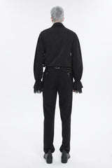 Black Lapel Collar Puff Sleeved Lace Hem Men's Gothic Shirt - Product - 5