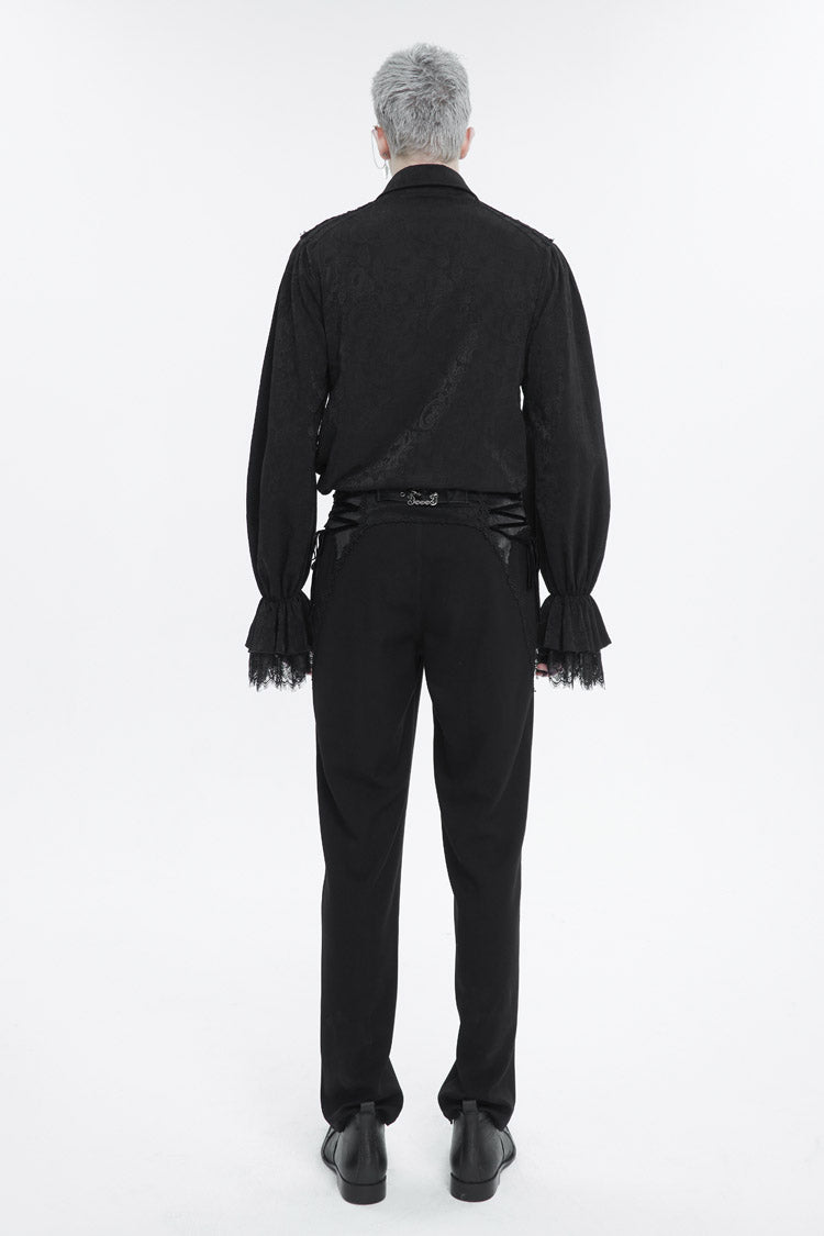 Black Lapel Collar Puff Sleeved Lace Hem Men's Gothic Shirt - Product - 5