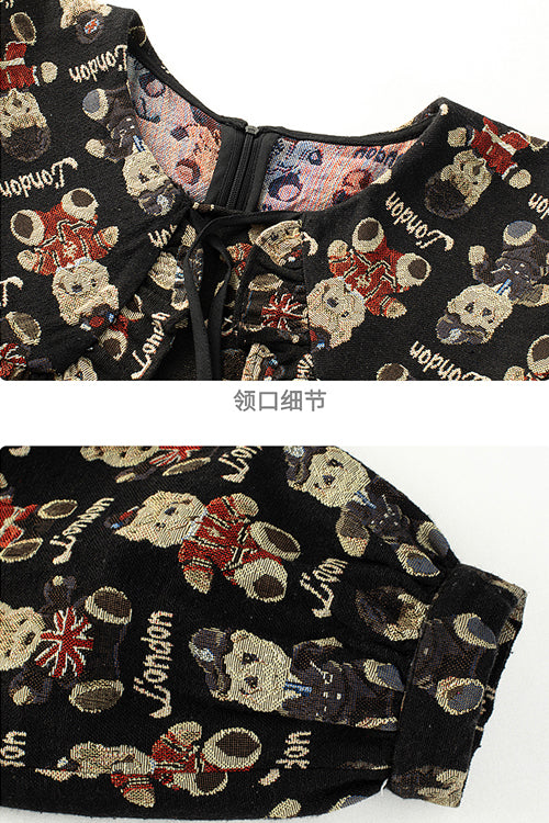 Black Doll Collar Bear Print Puff Sleeves Ruffled Sweet Lolita OP Dress - Product - 7
