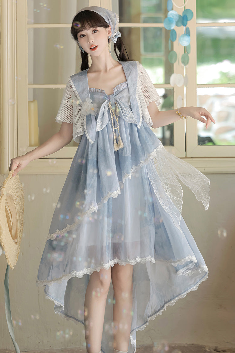 Blue [Clouds Resting in the Wilderness] Print Ruffle Embroidery Bowknot Lace Irregular Lolita Jsk Dress - Blue - 1