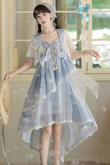 Blue [Clouds Resting in the Wilderness] Print Ruffle Embroidery Bowknot Lace Irregular Lolita Jsk Dress - Blue - 1