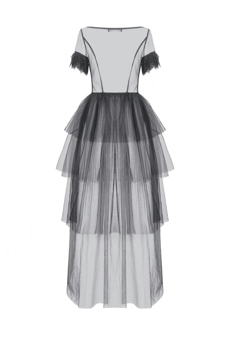 Black V Collar Short Sleeves Multi-Layered Sheer Mesh Women's Gothic Dress - Product - 13