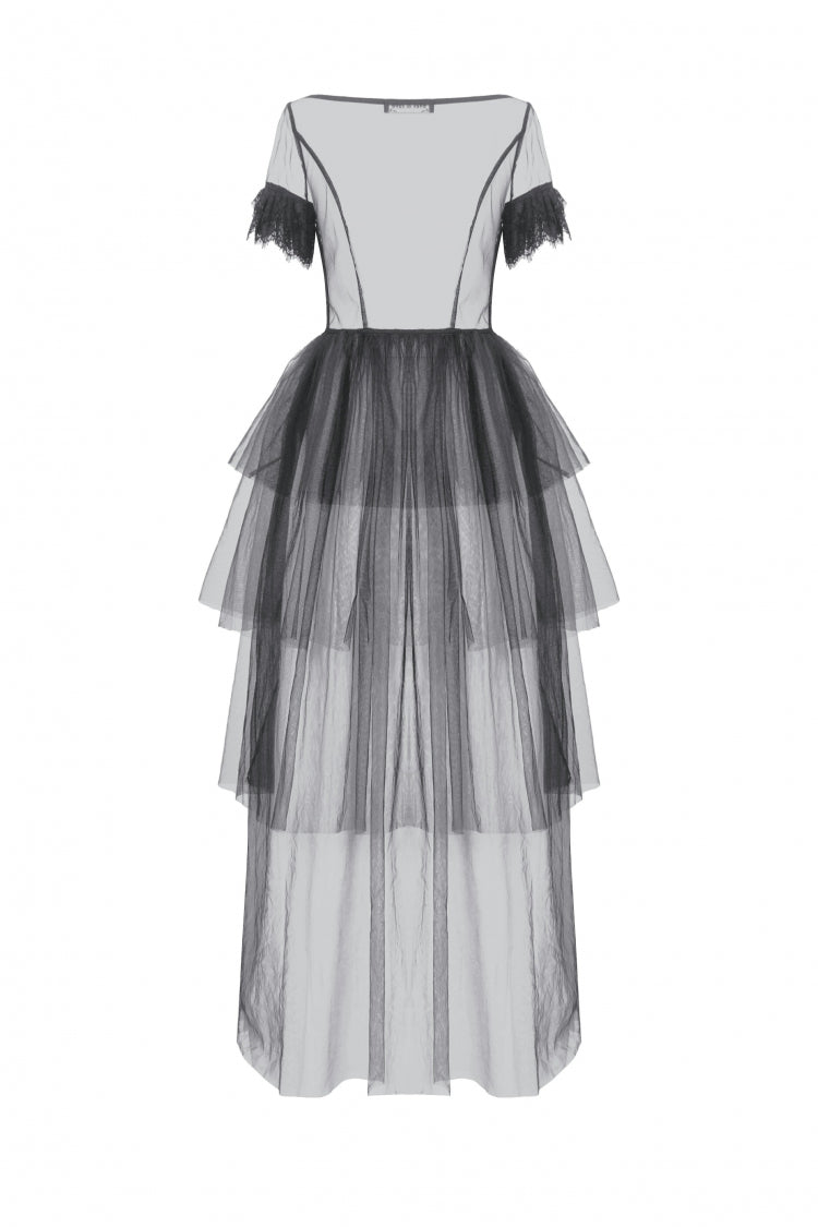 Black V Collar Short Sleeves Multi-Layered Sheer Mesh Women's Gothic Dress - Product - 13