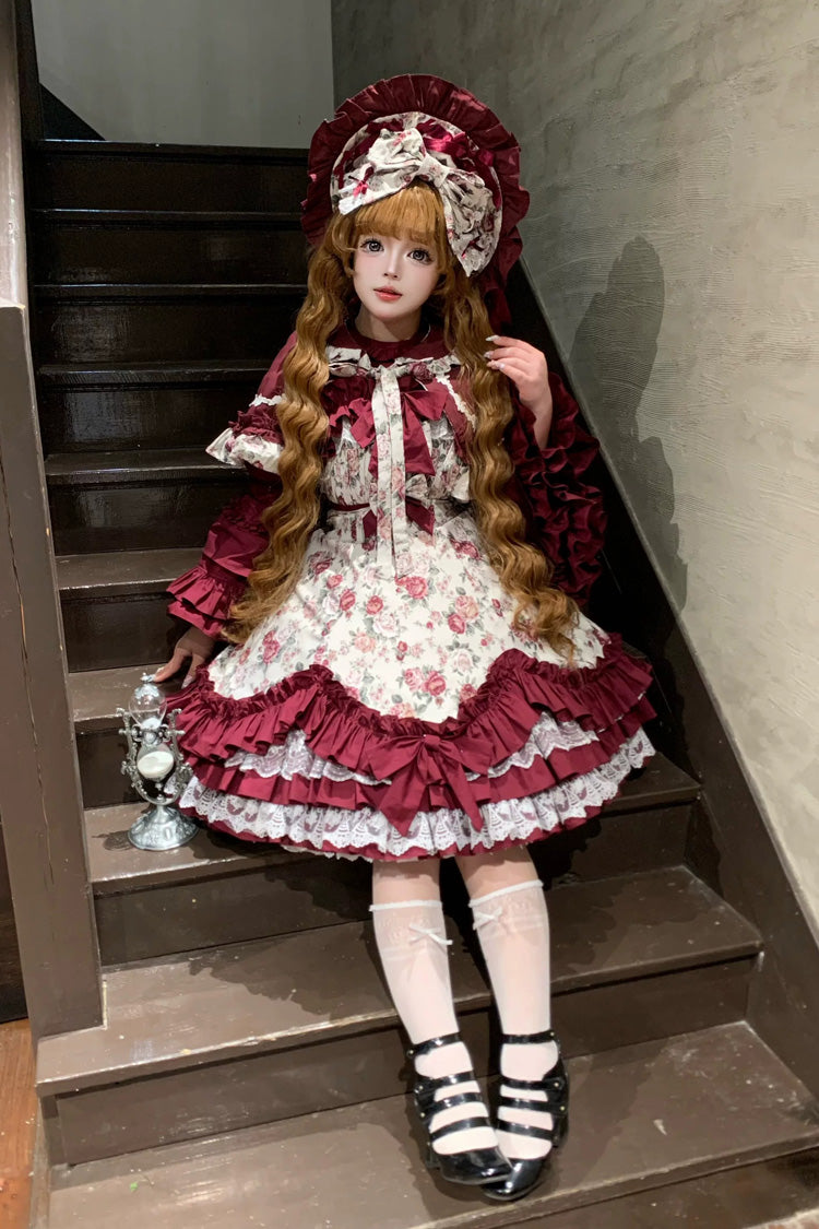 Burgundy Rose Flower Wall Printed Off Shoulder Sleeveless Ruffled Bow Lace Gothic Lolita Jsk Dress - Product - 12