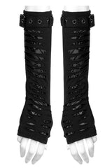 Black Ripped Color-Blocked Pleated Women's Gothic Long Gloves - Product - 5