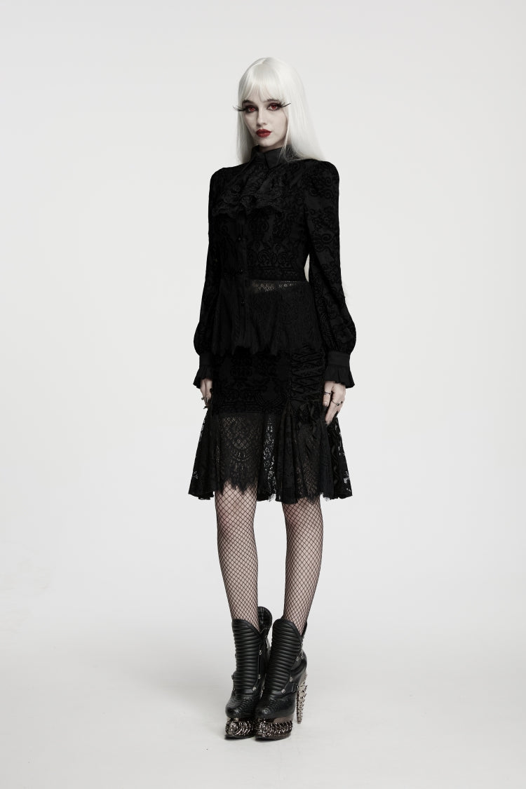 Black Lapel Collar Long Sleeves Embroidered Lace Lace-Up Women's Gothic Elegant Blouse - Product - 7