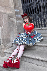 Blue [Milk Rabbit Theater] Halterneck Sleeveless Triple-Layered Ruffle Bowknot Lace-Up Sweet Lolita Jsk Dress - Product - 11