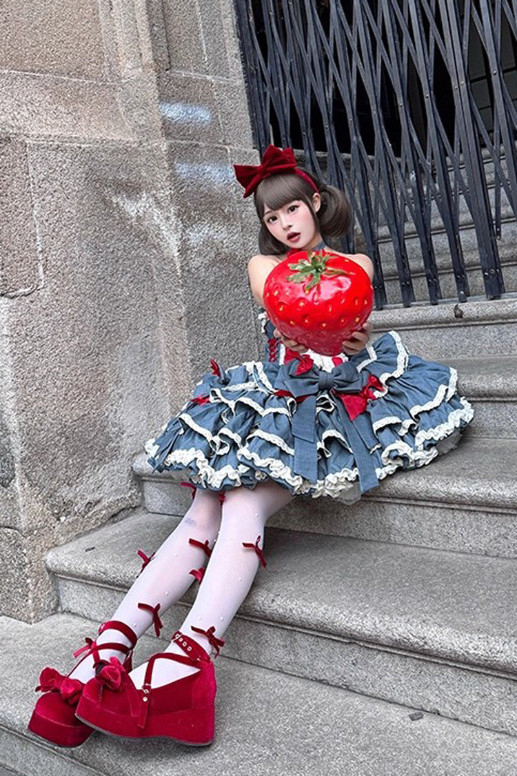 Blue [Milk Rabbit Theater] Halterneck Sleeveless Triple-Layered Ruffle Bowknot Lace-Up Sweet Lolita Jsk Dress - Product - 11