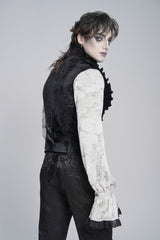 Black Stand Collar Sleeveless Jacquard Embroidered Buckled Pleated Men's Gothic Vest - Product - 9