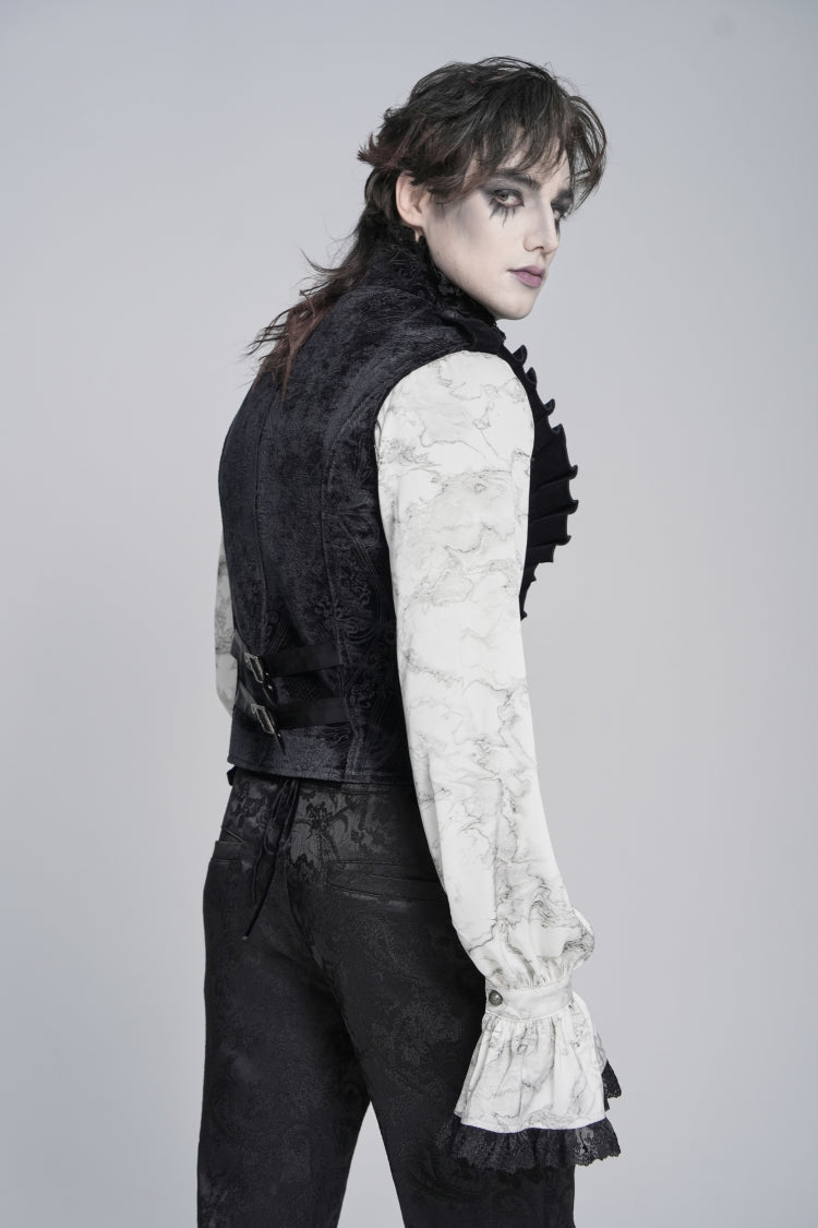 Black Stand Collar Sleeveless Jacquard Embroidered Buckled Pleated Men's Gothic Vest - Product - 9