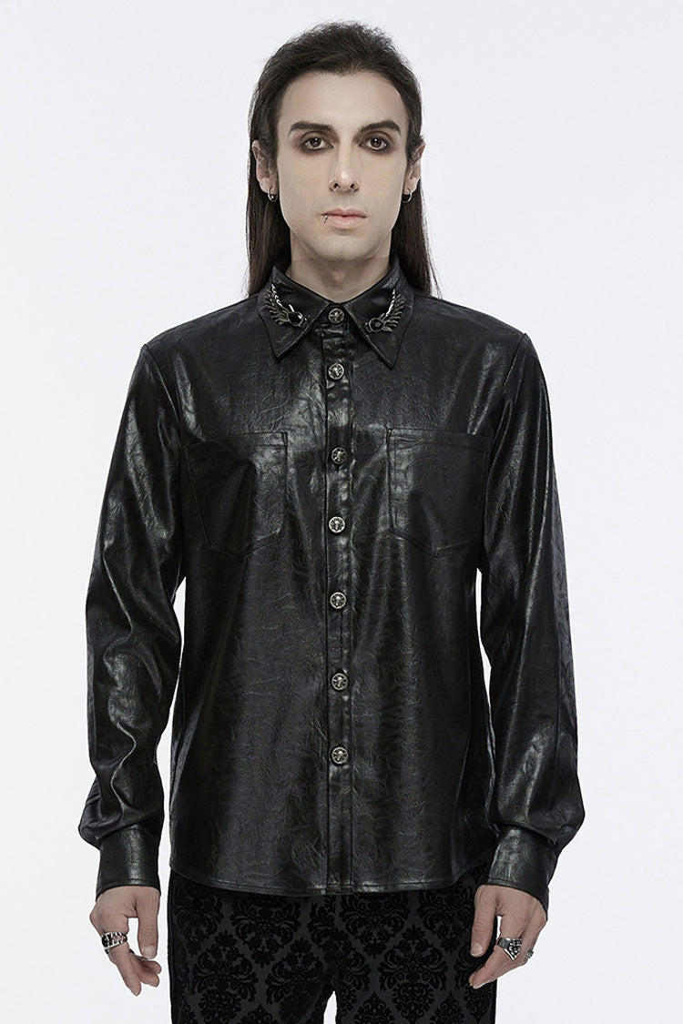 Black Lapel Collar Long Sleeves Buckle Skull Metal Men's Gothic Blouse - Black - 1