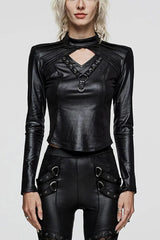 Black V Collar Long Sleeves Hollow Womens Gothic Blouse - Black - 1