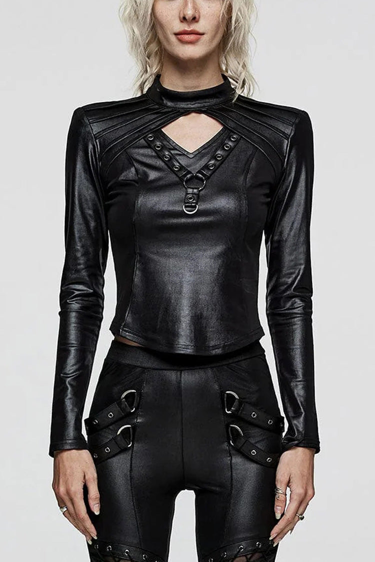 Black V Collar Long Sleeves Hollow Womens Gothic Blouse - Black - 1