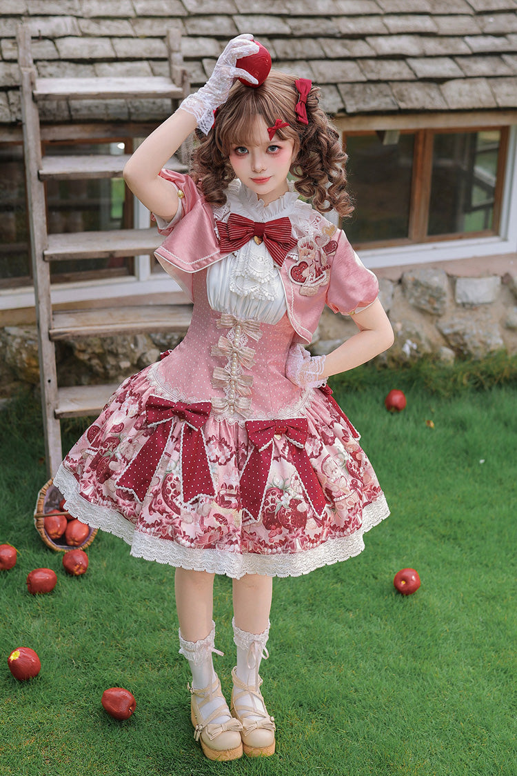 Pink/Red [Strawberry Doll Fantasy] Stand Collar Short Sleeves Jacquard Printed Bow Sweet Lolita Dress Set - Product - 2