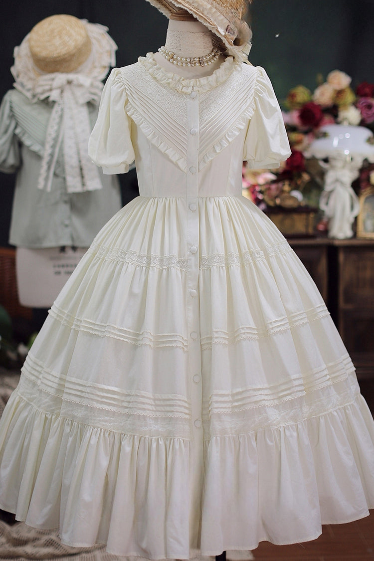 Elegant Cardigan Round Neck Short Sleeves Ruffle One Piece Sweet Lolita Dress 8 Colors - Ivory - 4