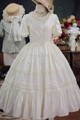 Elegant Cardigan Round Neck Short Sleeves Ruffle One Piece Sweet Lolita Dress 8 Colors - Ivory - 4