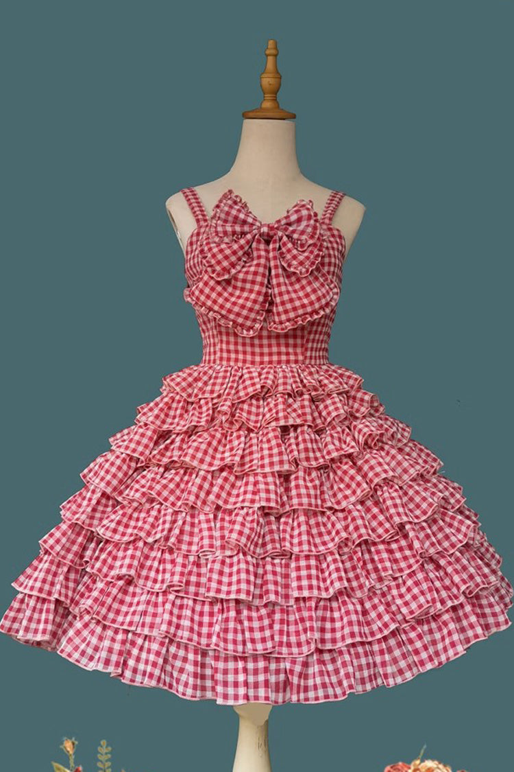 Multi-layer Plaid Print Ruffle Bowknot Sweet Lolita Tiered Dress 3 Colors - Product - 4